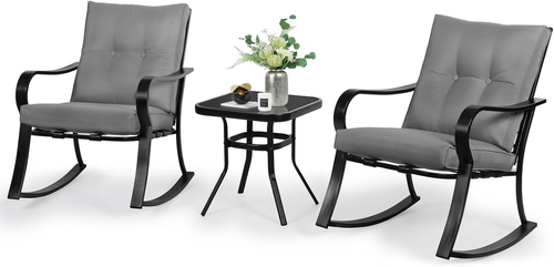 3-Piece Outdoor Rocking Chairs Bistro Set, Black Iron Patio Furniture with Gray