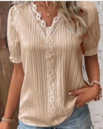 Plus Size Women’s V-Neck Lace Shirt Blouse Casual Short Sleeve(210) - Picture 7 of 14