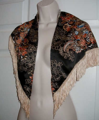 Unisex Western Style Brown Kerchief Fringed Neck Scarf Flower Print Beige Orange - Picture 4 of 12