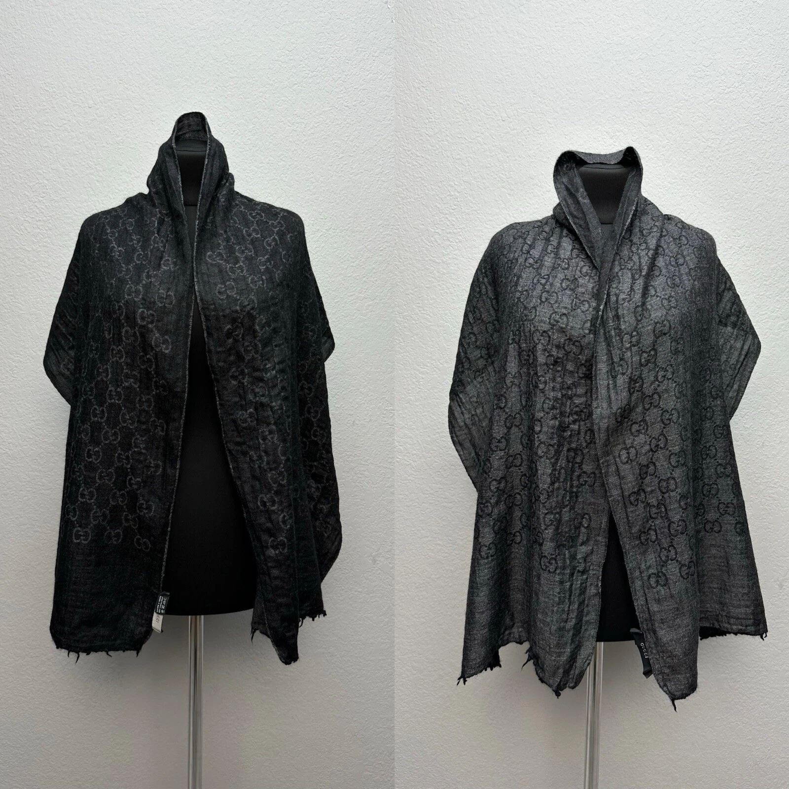 Echarpe réversible GUCCI logo GG monogramme laine soie noir/gris unisexe 163x42cm