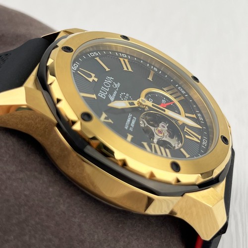Bulova Marine Star Automatic Black / Gold Dial Rubber Strap Men's Watch 98A272 - Picture 3 of 7