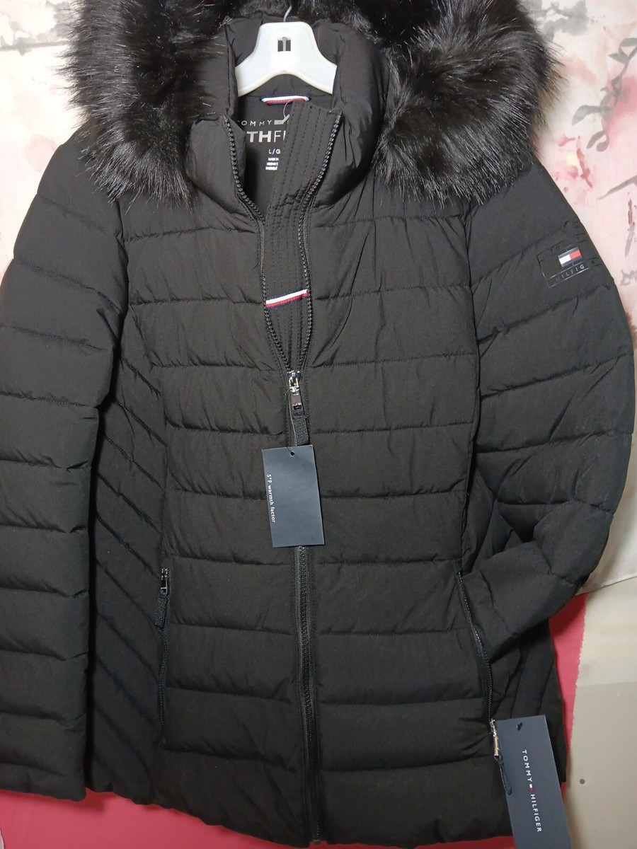 Tommy Hilfiger Women s Quilted Hooded Faux Fur Trim Coat Puffer Jacket S Black eBay