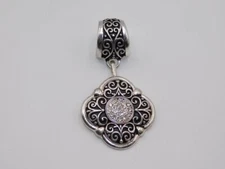 B579-VINTAGE SCARF CLIP/SLIDE~SILVER TONE/BLACK/RHINESTONE ACCENTS~