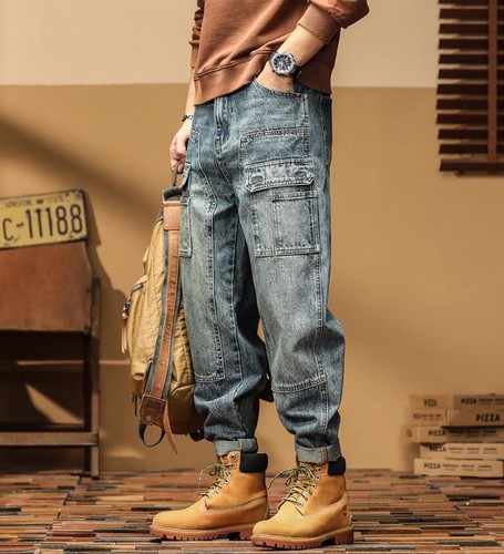 Men's Light Retro Blue Denim Jeans Cargo Pockets Work Harem Pants Punk Trousers