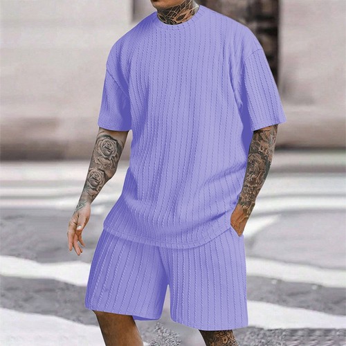 T-shirt uomo costine set 2 pezzi manica corta e pantaloncini slim fit maglietta muscolare tuta - Foto 23 di 40