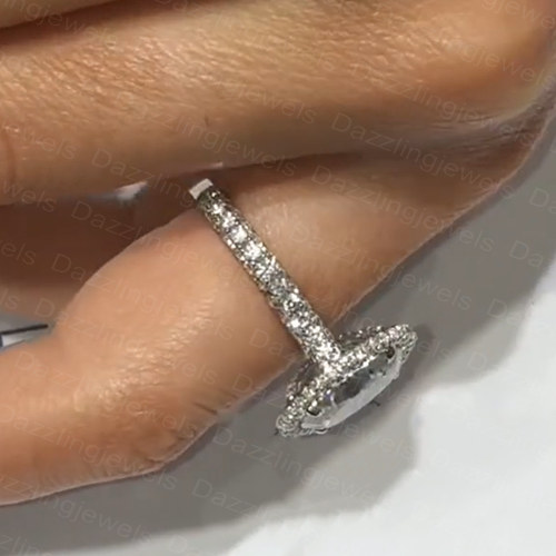 3.85Ctw Oval Cut Moissanite 3-Rows Pave Engagement Ring 14K White Gold Plated - Picture 7 of 13