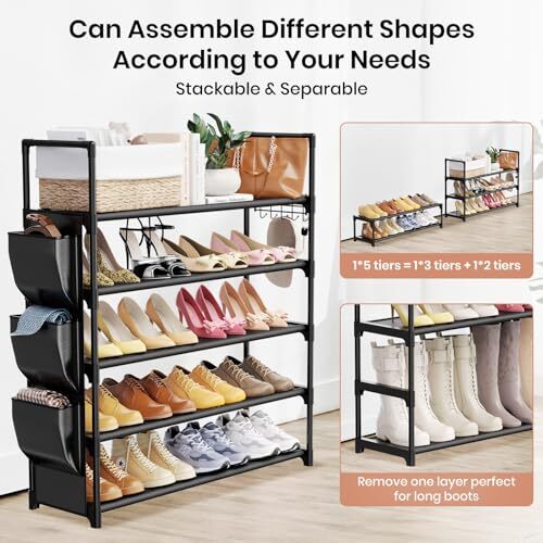5 Tier Shoe Rack with Hooks and Side Pockets,Shoe Organizer Space Saver - Picture 5 of 6
