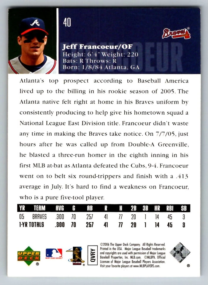 2006 UPPER DECK JEFF FRANCOEUR ATLANTA BRAVES #40 - Image 2 of 2