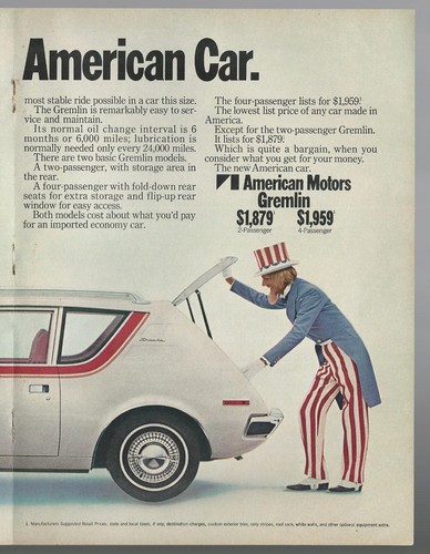 1970 AMC GREMLIN 2-page advertisement white car with Uncle Sam print ad yellowed - Picture 3 of 3