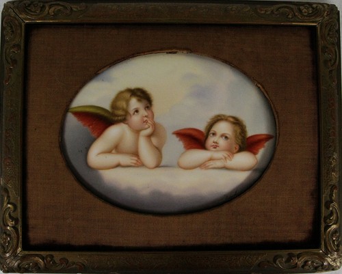Antique Hand Painted Angels Putty Porcelain Plaque Signed Rafael C.1890 - Picture 2 of 6