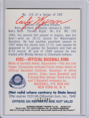 EARLY WYNN Indians 2001 Bowman Chrome Rookie Reprint #9 Of 25 Refractor /299 - Picture 2 of 2