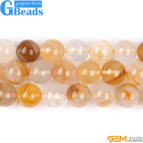 Cuentas redondas de piedras preciosas de cuarzo rutiladas amarillas naturales para hacer joyas de 15" - Imagen 8 de 31