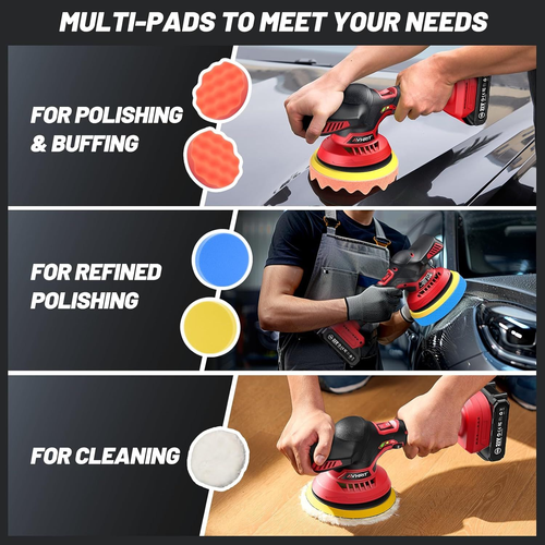 Cordless Car Buffer Polisher kit w/ 2x2000mAh 21V Batteries, 6Inch-21V, A-red - Picture 8 of 9