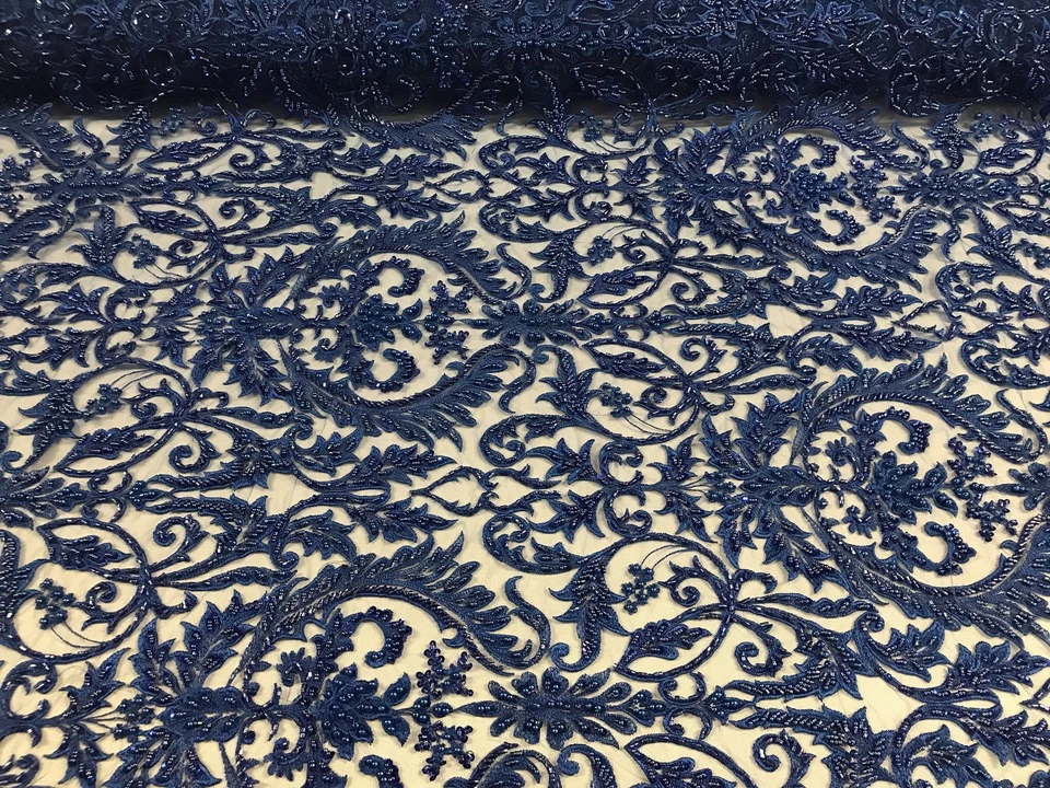 ROYAL BLUE PRINCESS DESIGN EMBROIDERY WITH HEAVY BEADS ON A MESH-SOLD BY YARD. - Image 3 of 4