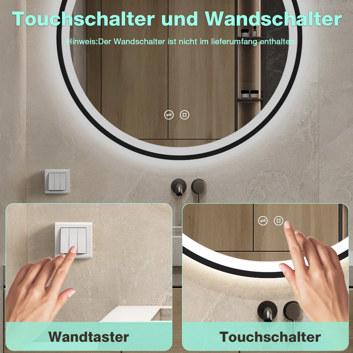 Badspiegel mit Beleuchtung Runder 50cm , mit Touch-Schalter und 3 Lichtfarben