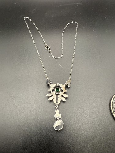 Edwardian Green & Clear Paste Pendant Lavaliere Sterling Delicate Chain Nice E1 - Picture 12 of 18