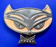 Cute Kitty Cat Head with Bowtie Clear Rhinestone Eye Belt Buckle by Heavy Metal