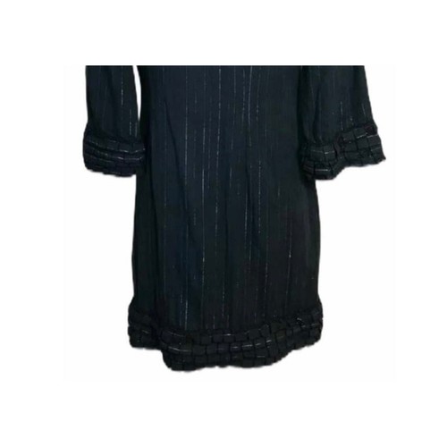 VERTIGO PARIS Black Dress Metallic Pinstripes 3/4 Sleeve Ruffle Round Neck Small - Picture 7 of 10