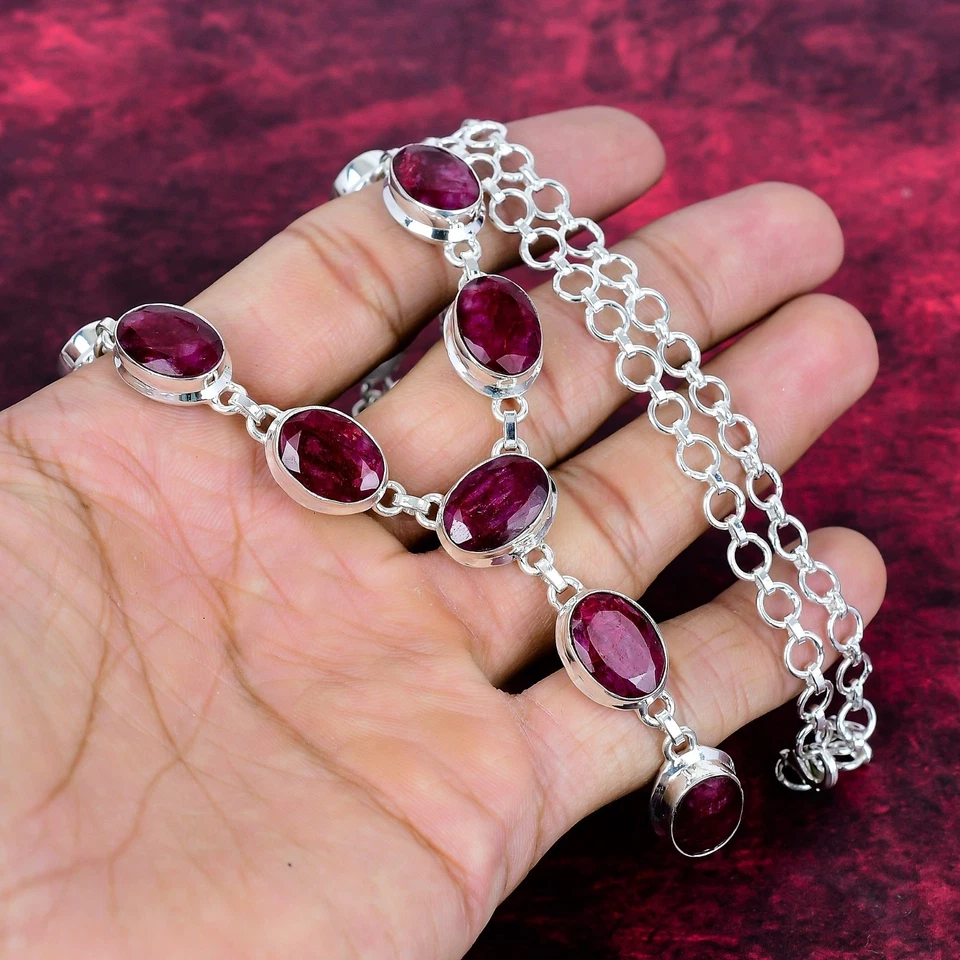 Lab-Created Ruby Gemstone Handmade 925 Silver Necklace Jewelry Gifts For Love - Image 2 of 4