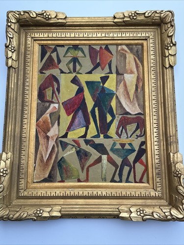 MID CENTURY PAINTING PEOPLE HORSE CUBIST CUBISM MODERNISM ANTIQUE 1940'S OIL - Picture 19 of 24