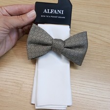 ALFANI Mens Bow Tie  Pocket Square Taupe Diamond Geometric Micro Pre-Tied