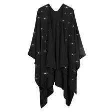 REEMONDE Womens Rhinestones Open Front Poncho Shawl Wrap Cape Ruana Travel Bl...