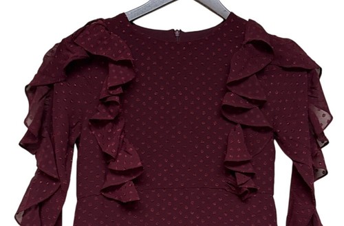 Abito Bardot Junior Bambina Increspature Strati Borgogna Texture Manica Lunga Taglia 14 - Foto 2 di 11