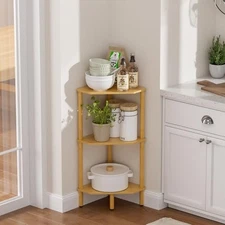 Corner Shelf Stand, Bamboo Corner Bookshelf, Corner Bookcase with Open 3 Tier