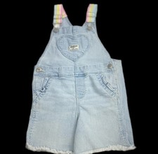OshKosh B gos Bib Shortalls Girl 4T Light Denim Raw Hem Heart Pocket Stretch