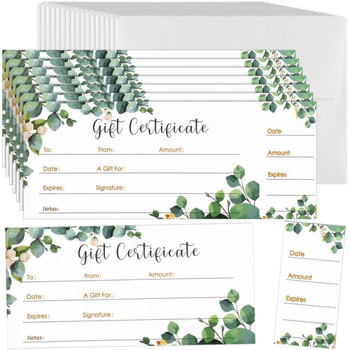 50 Sets Gift Certificate for Business with 50 Pcs Envelopes Blank Gift Certif