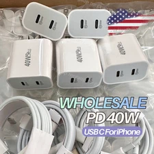 For iPhone 17 16 15 14 13 12 11 USB C 40W Fast Charger Cube PD Type C Cable Lot