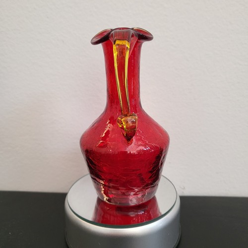 Vintage Crackle Glass Clear Ruby Red Pitcher 5” Ruffle Spout Blown Glass Vase - Picture 2 of 11