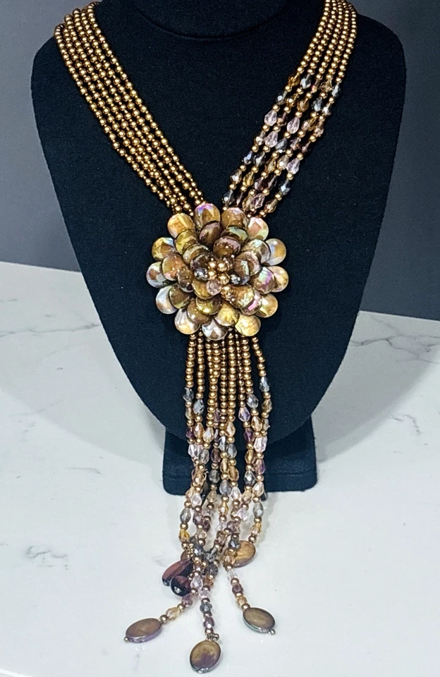 Collar Joan Rivers Starlet Flor Marrón Declaración Cuentas Tono Dorado Racimo Foto 2 de 4