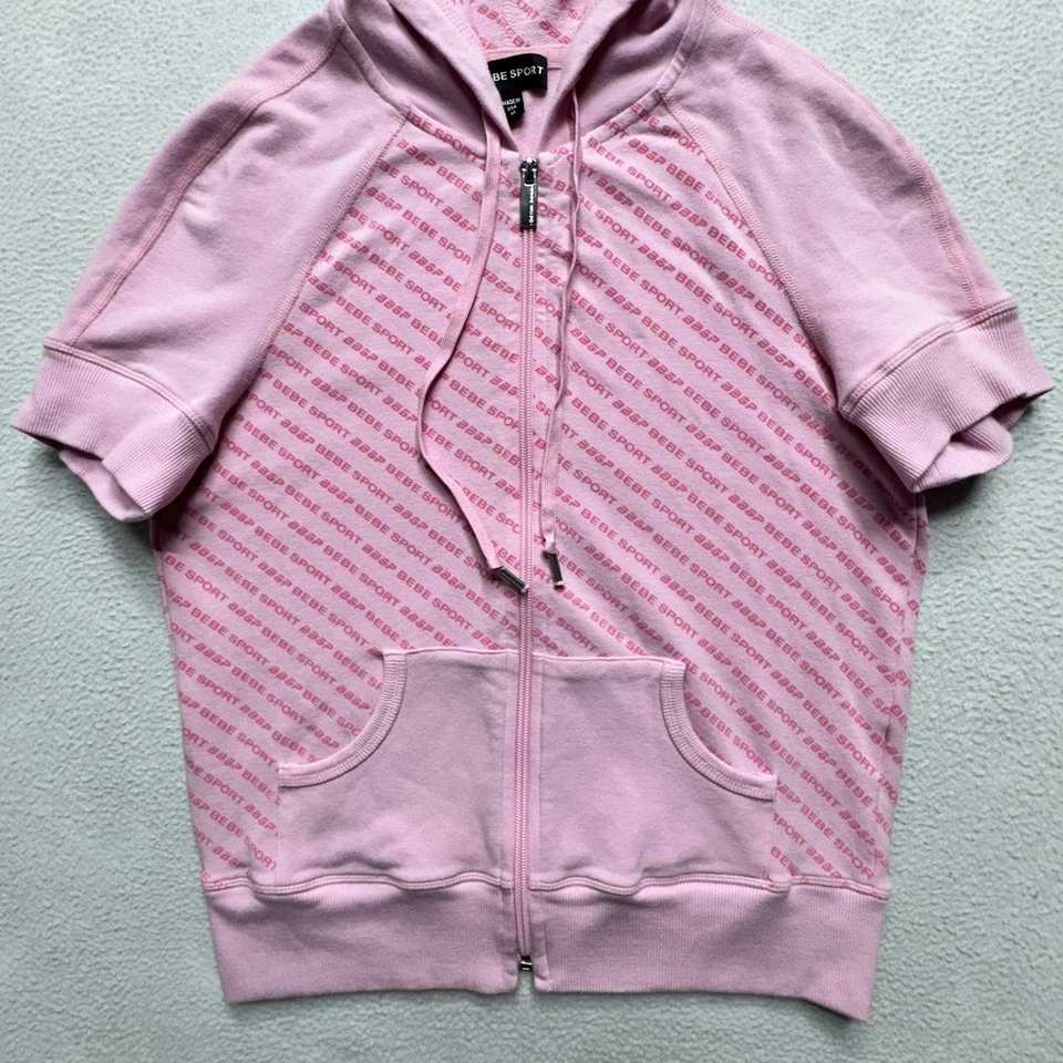 BEBE SPORT Rosa Manga Corta Cremallera Sudadera con Capucha Para Mujer Mediana Hecha en EE. UU. Retro Y2K Foto 4 de 4