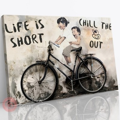 BANKSY STYLE LIFE IS SHORT CHILL GRAFFITI STREET WANDBILD GERAHMTER LEINWANDDRUCK
