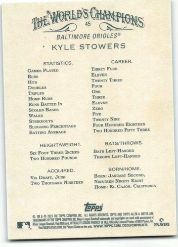 2023 Topps Allen & Ginter Baseball 45 Kyle Stowers, Baltimore Orioles RC - Picture 2 of 2