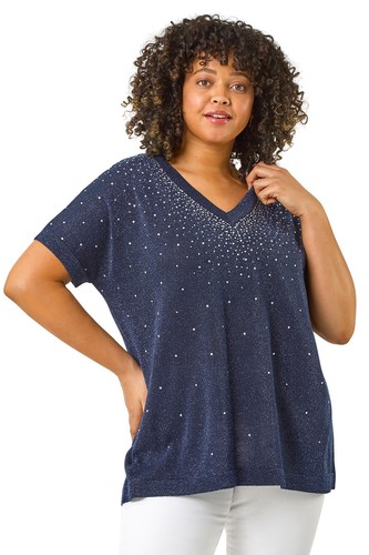 Roman Curve Shimmer Hotfix Knit Top For Women UK - Ladies Spring Summer - Picture 2 of 25