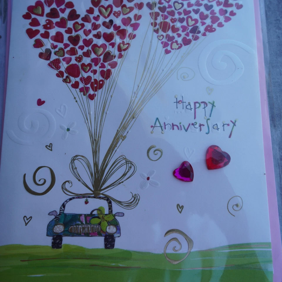 Tarjeta de Felicitación Aniversario Papiro Corazones Globos Coche Adornado Nuevo Sobre Foto 2 de 4