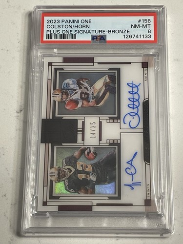Saints Marques Colston/Joe Horn 2023 Panini One On Card Dual Auto 14/25 - PSA 8 - Picture 1 of 2