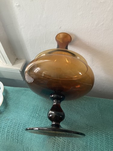 Vintage MCM Dark Amber Glass Genie Bottle Burnt Honey Empoli Decanter 13” - Picture 5 of 9