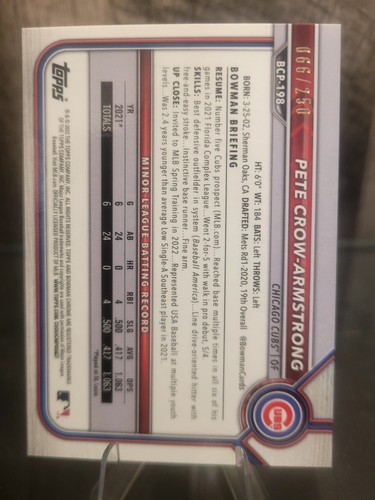 2022 Bowman Chrome BCP-198 Pete Crow-Armstrong Purple Refractor 066/250 FOTL - Picture 2 of 3