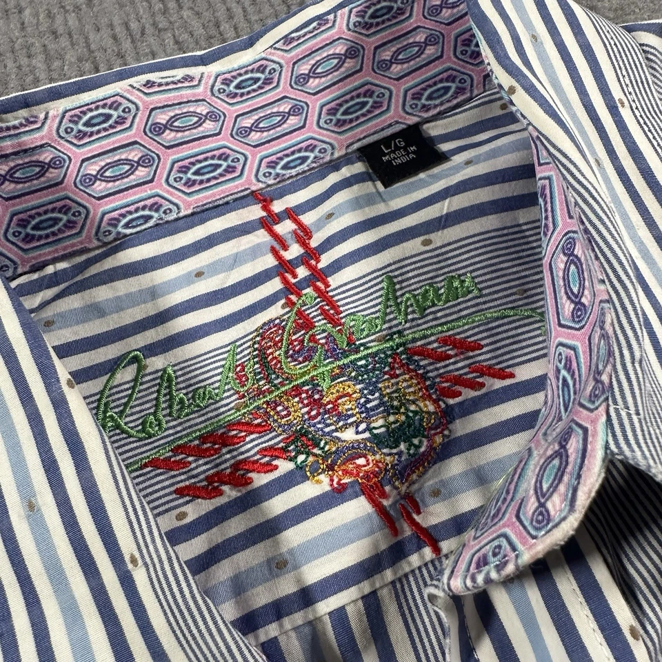 Camisa grande con botones Robert Graham para hombre a rayas azul rosa puño abatible Foto 4 de 4