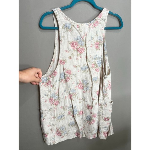 MATCH 100% Linen Floral Tank Top USA Pockets Coquette Fairy Cottage 70s Sz S - Picture 2 of 12