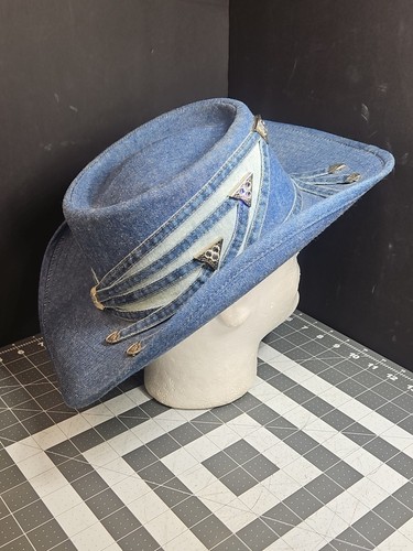 Simply Barbara Cowboy Western Denim GUC Rhinestone Sz Small USA Beyonce Hat - Picture 20 of 22