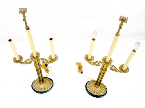 Pair of Solid Brass & Marble Candelabra Style Table Lamps w/ Matching Shades - Picture 4 of 19