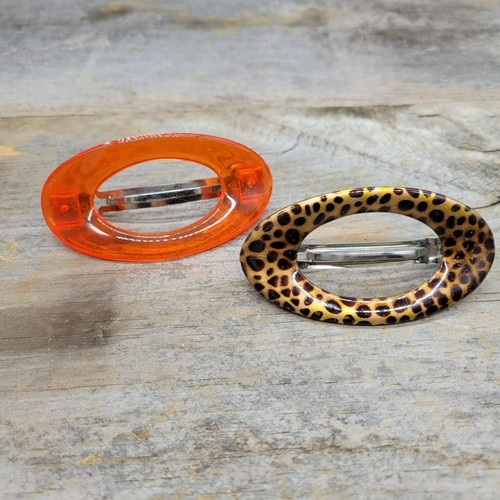 Vintage Oval Hair Barrettes Set Of 2 - French DC Transparent Orange Acrylic & Le - Picture 1 of 12