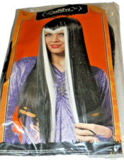 New Womens 24" Long Wig Black White Streaks Halloween Costume Vampire Witch