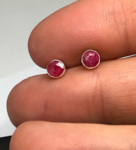 Ruby quartz stud earrings solid Sterling Silver, round 4mm. Small. Gift Box