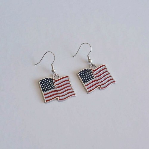American Flag Earrings, USA Flag Dangle Earrings, Flag Hook Earrings, Patriotic - Picture 2 of 3