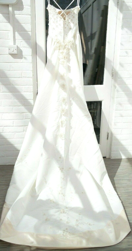 Bridal Gown Wedding Dress Ivory Flower Beads Champagne Trim Duchess Satin SizeM - Picture 2 of 12